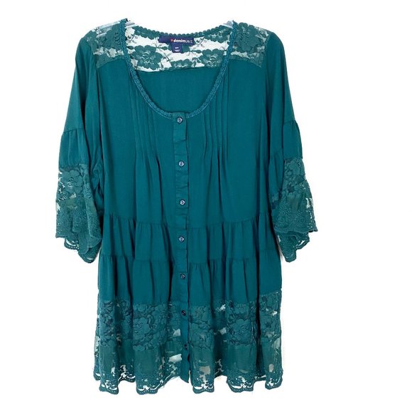 Denim 24/7 Tops - Denim 24/7 Tiered boho lace tunic top blouse teal